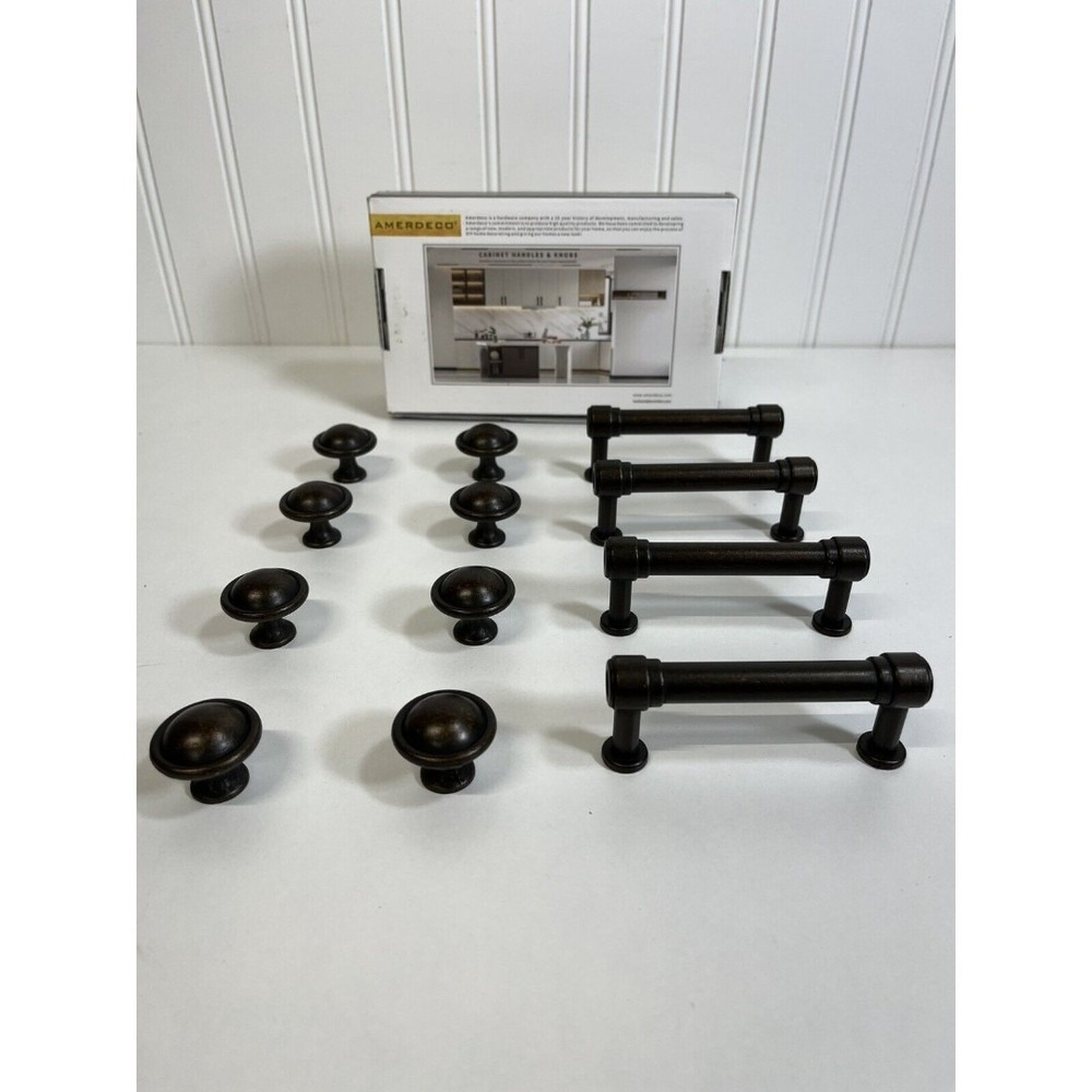 Amerdeco Cabinet Hardware. 4 long Pulls & 8 Knobs for Bathroom cabinet. Brushed‎